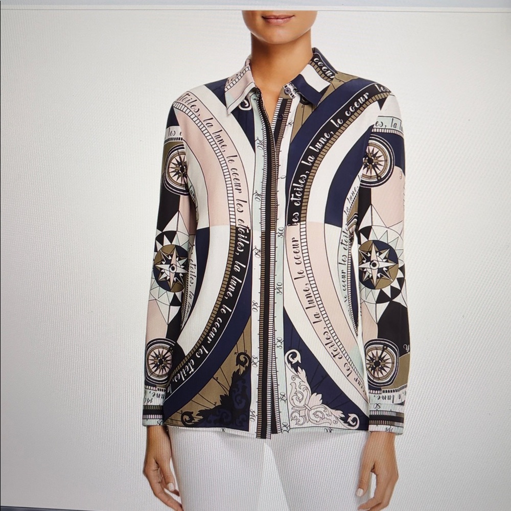 TORY BURCH Sienna Silk Blouse. Silk Geometric Navy and Cream Button Down Shirt